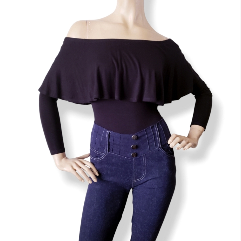 Mocking Jay Black Ruffle Off Shoulder Bodysuit